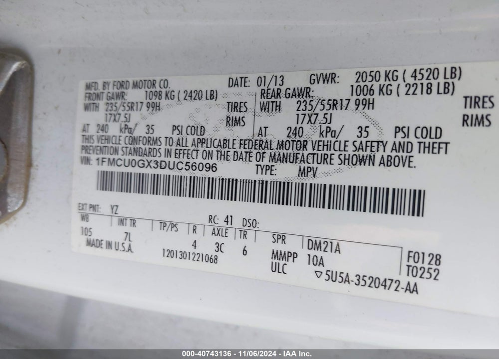 2013 FORD ESCAPE SE VIN: 1FMCU0GX3DUC56096
