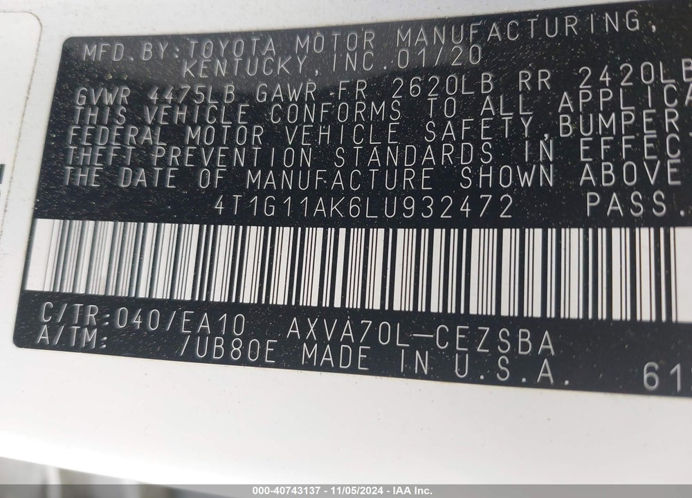 2020 TOYOTA CAMRY SE VIN: 4T1G11AK6LU932472