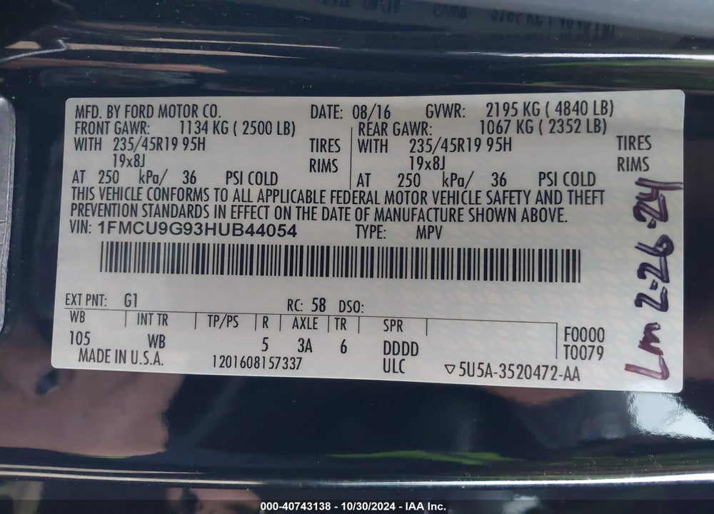 2017 FORD ESCAPE SE VIN: 1FMCU9G93HUB44054