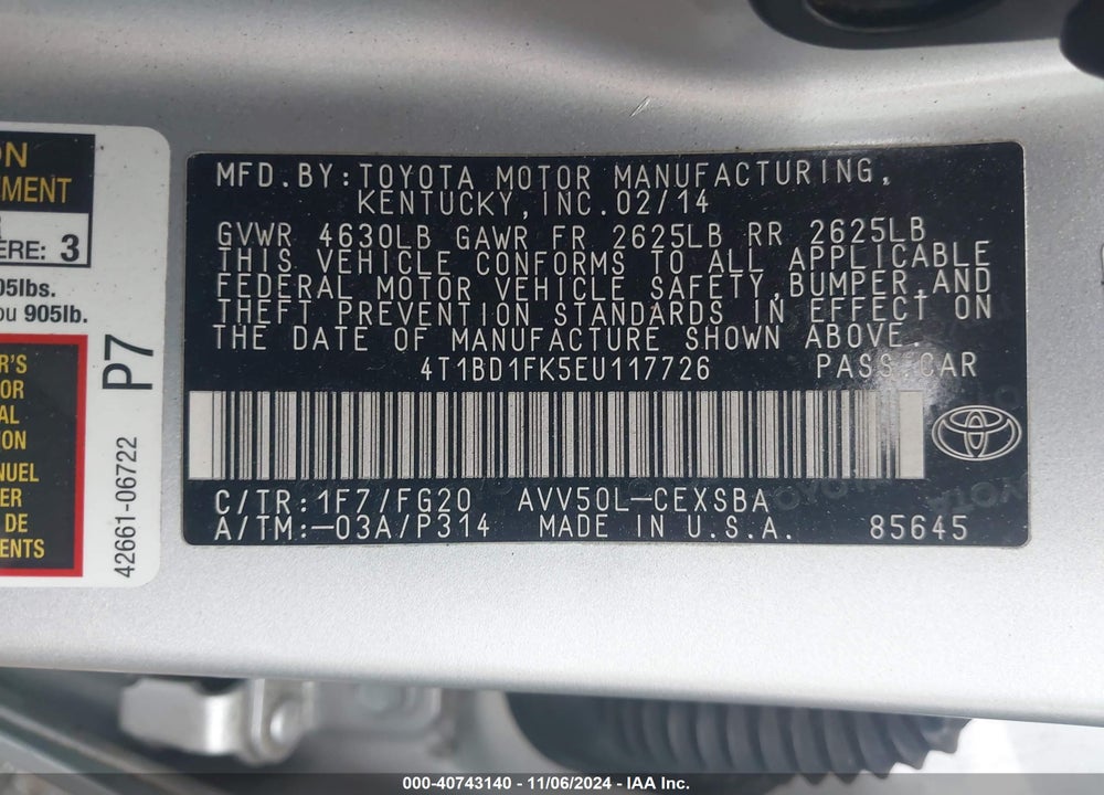 2014 TOYOTA CAMRY HYBRID SE LIMITED EDITION VIN: 4T1BD1FK5EU117726