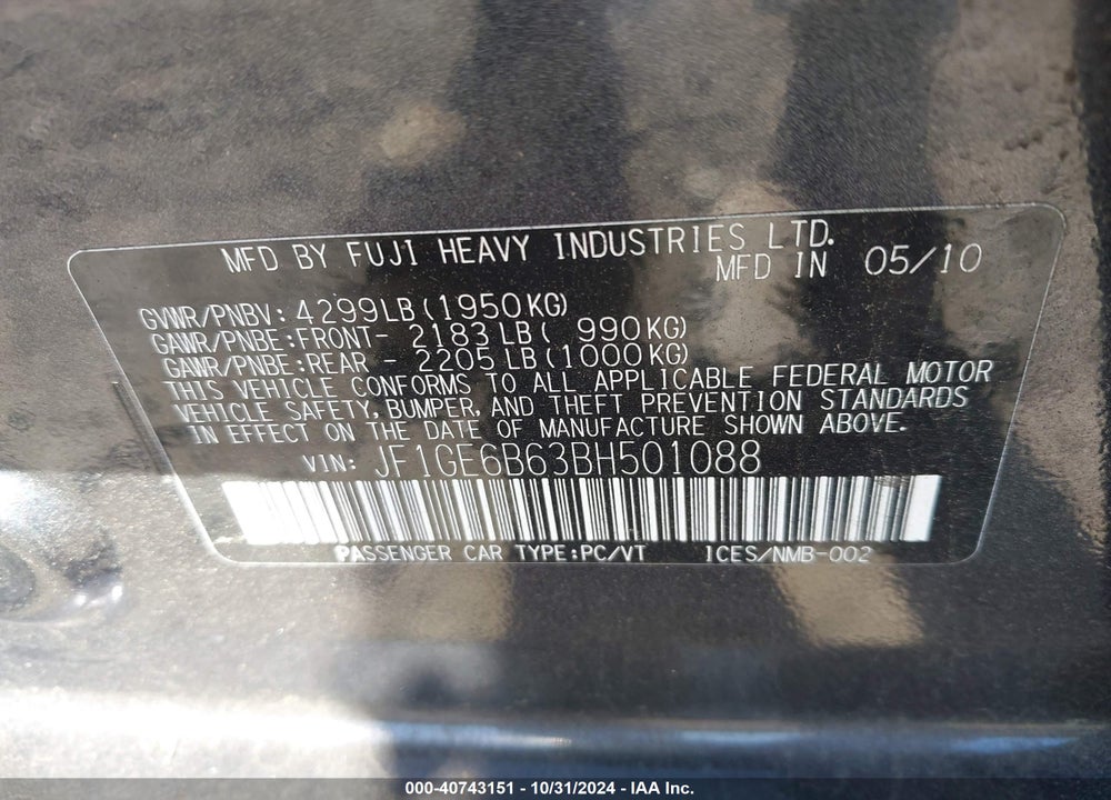 2011 SUBARU IMPREZA 2.5I PREMIUM VIN: JF1GE6B63BH501088