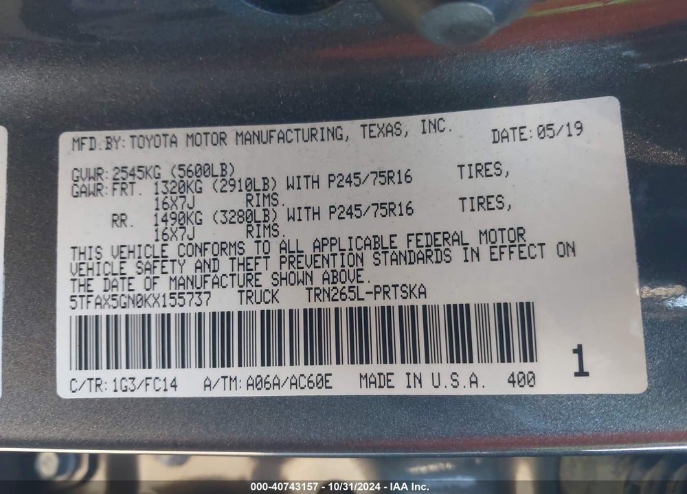 2019 TOYOTA TACOMA SR5 VIN: 5TFAX5GN0KX155737