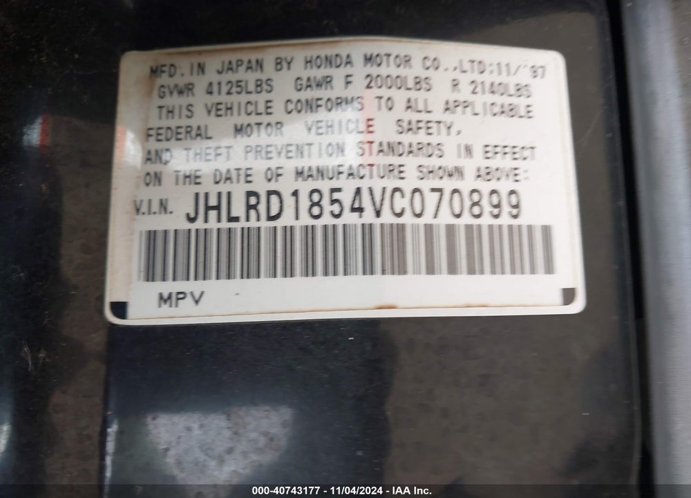 1997 HONDA CR-V VIN: JHLRD1854VC070899