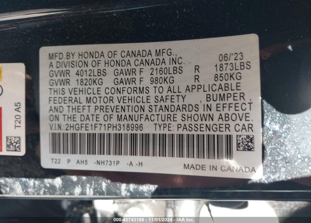 2023 HONDA CIVIC EX /EX W/O BSI VIN: 2HGFE1F71PH318996
