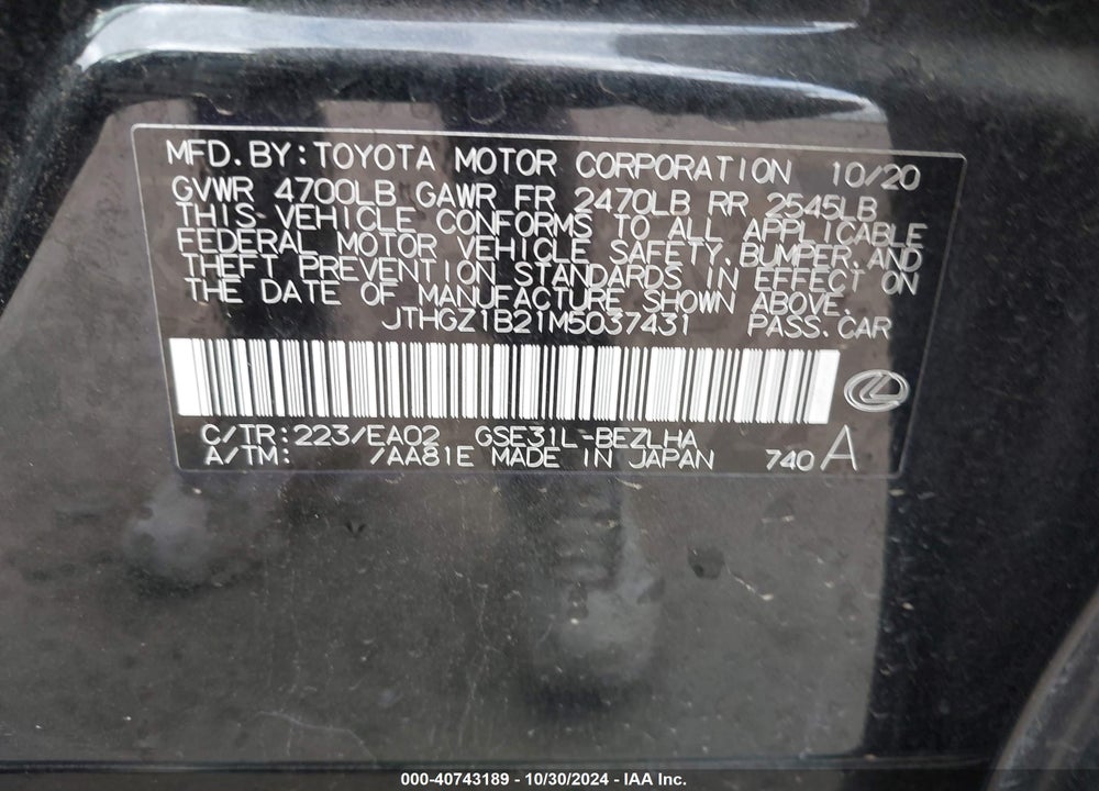2021 LEXUS IS 350 F-SPORT VIN: JTHGZ1B21M5037431