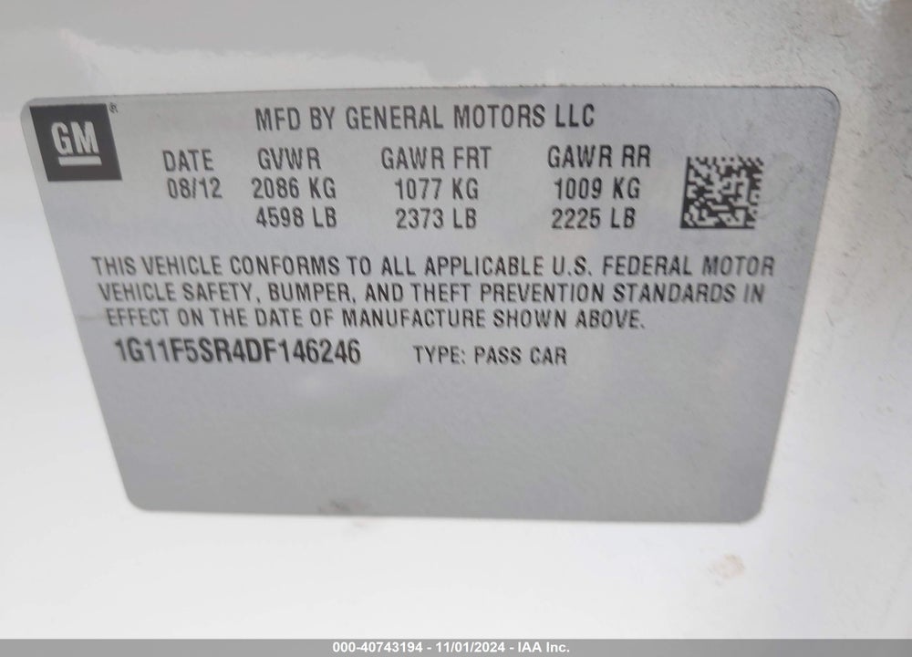 2013 CHEVROLET MALIBU ECO PREMIUM AUDIO VIN: 1G11F5SR4DF146246