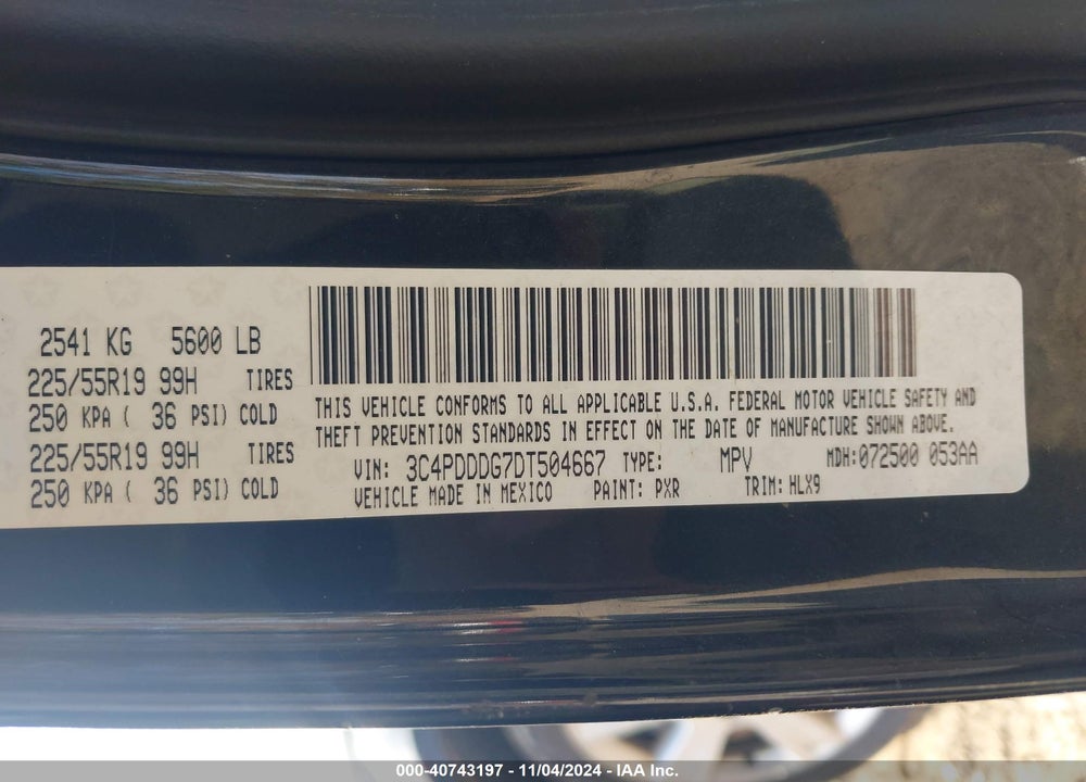 2013 DODGE JOURNEY CREW VIN: 3C4PDDDG7DT504667