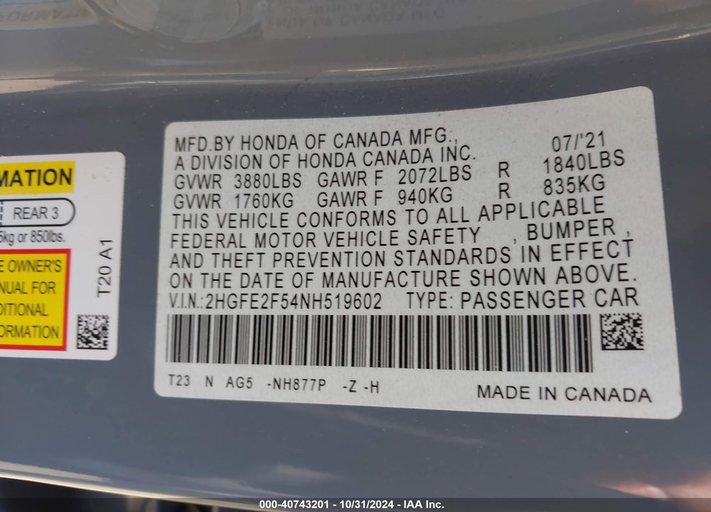 2022 HONDA CIVIC SPORT VIN: 2HGFE2F54NH519602