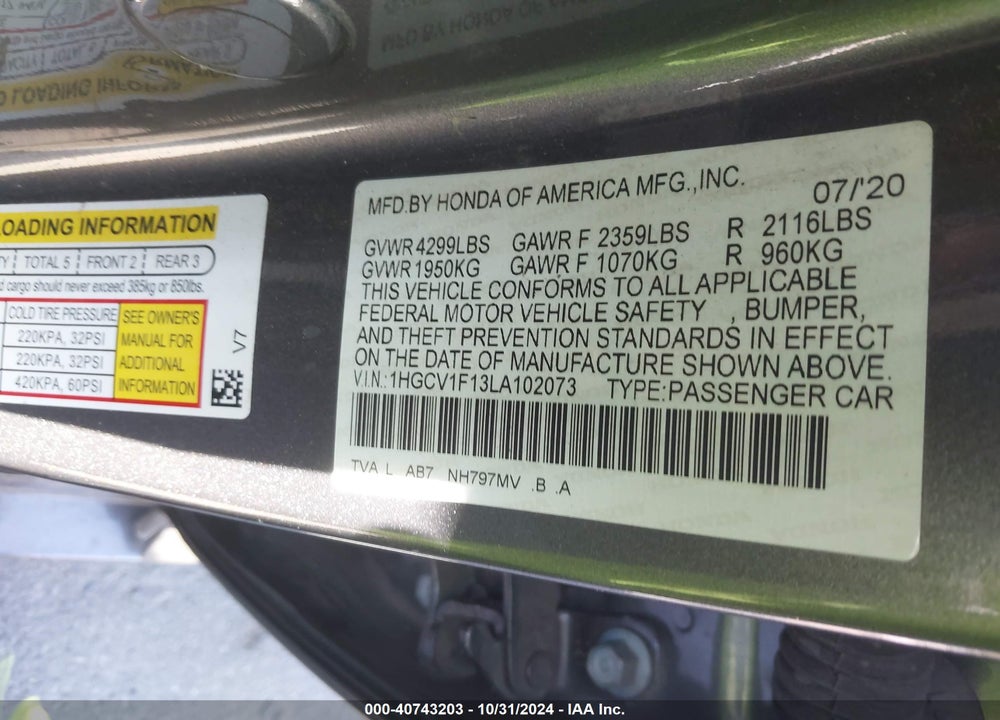 2020 HONDA ACCORD LX VIN: 1HGCV1F13LA102073