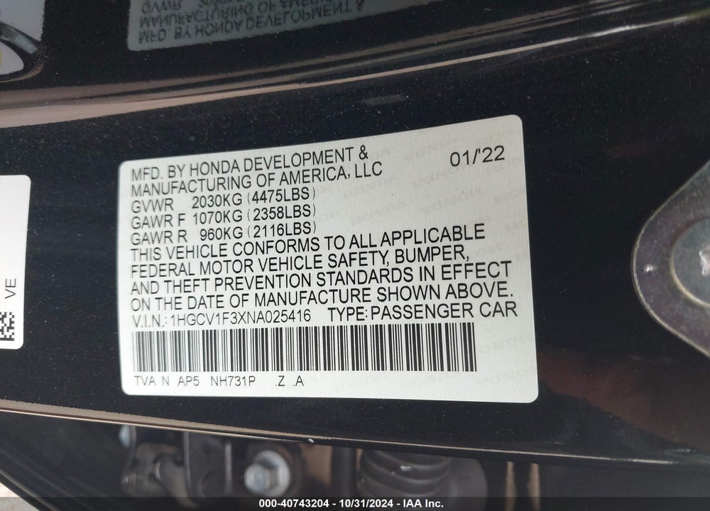 2022 HONDA ACCORD SPORT VIN: 1HGCV1F3XNA025416