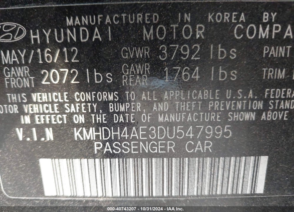 2013 HYUNDAI ELANTRA GLS VIN: KMHDH4AE3DU547995
