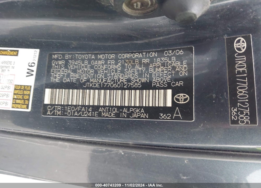 2006 TOYOTA SCION TC VIN: JTKDE177060127585