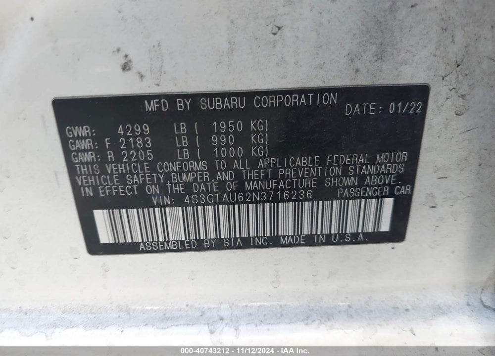 2022 SUBARU IMPREZA LIMITED 5-DOOR VIN: 4S3GTAU62N3716236