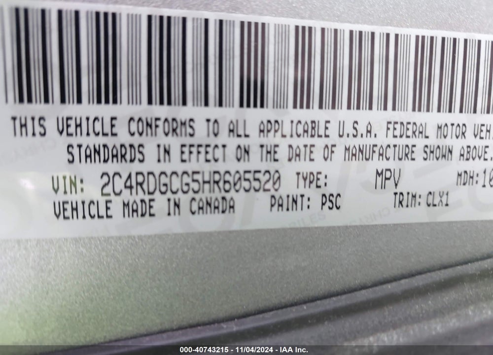 2017 DODGE GRAND CARAVAN VIN: 2C4RDGCG5HR605520