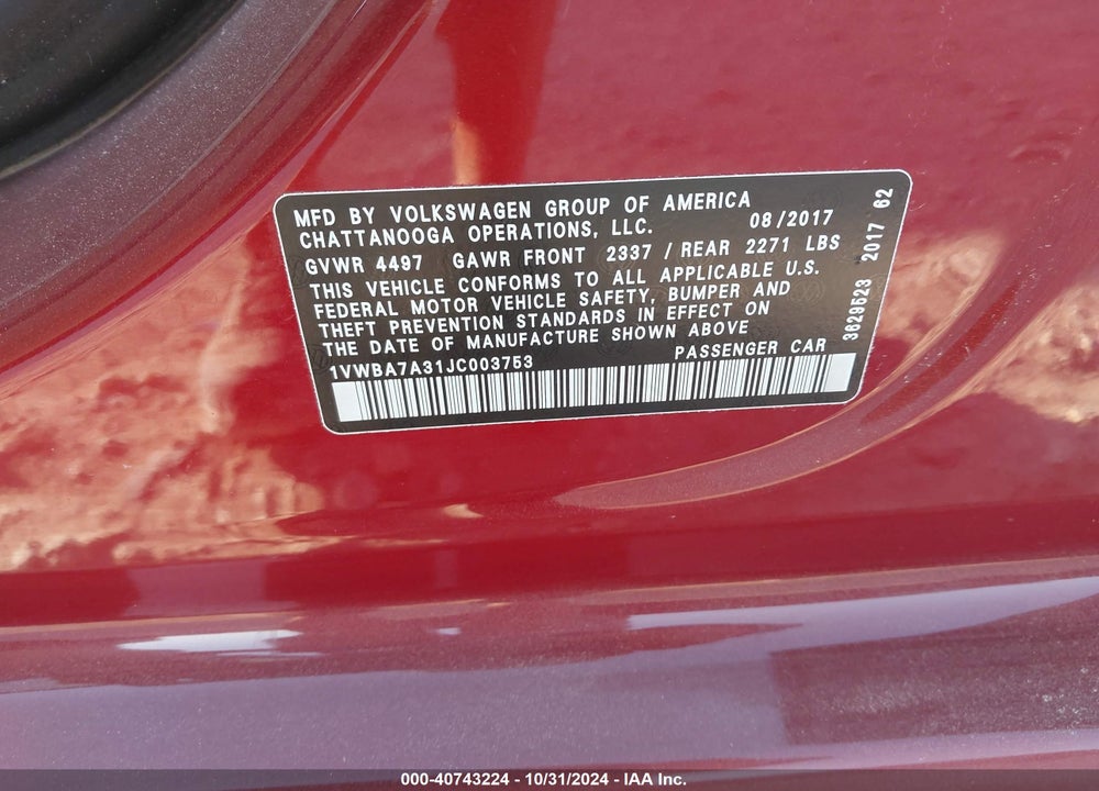2018 VOLKSWAGEN PASSAT 2.0T SE VIN: 1VWBA7A31JC003753
