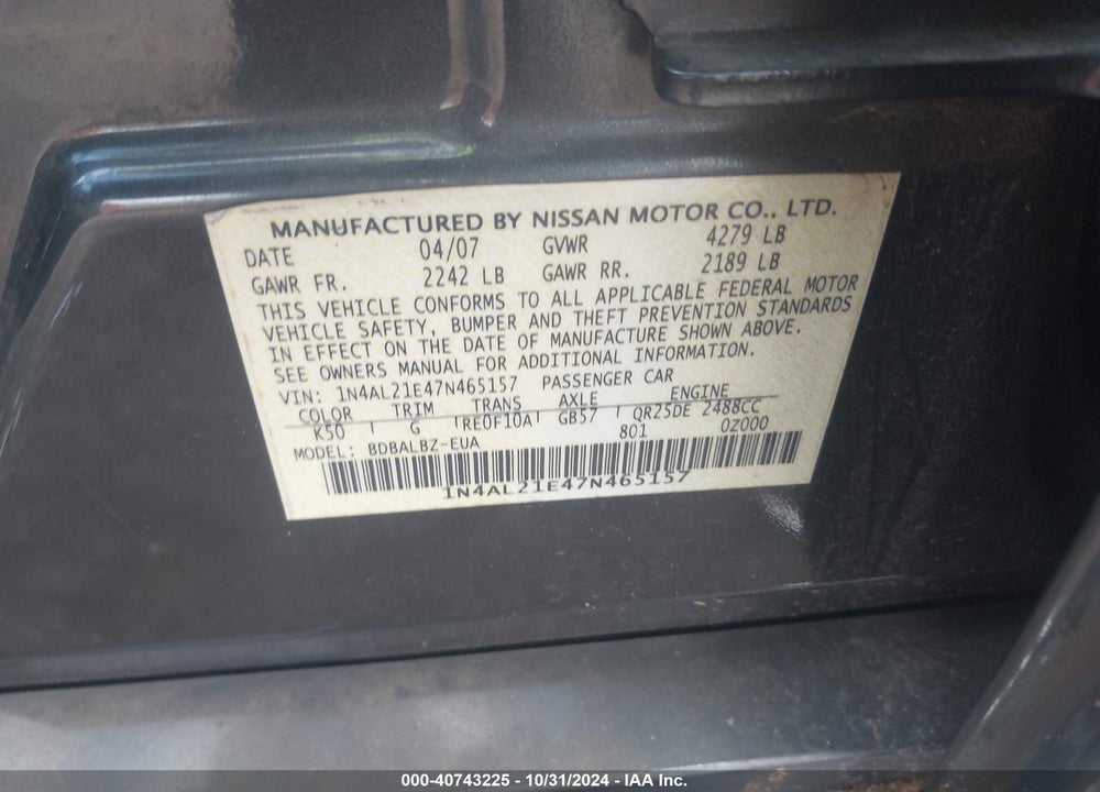 2007 NISSAN ALTIMA 2.5 S VIN: 1N4AL21E47N465157