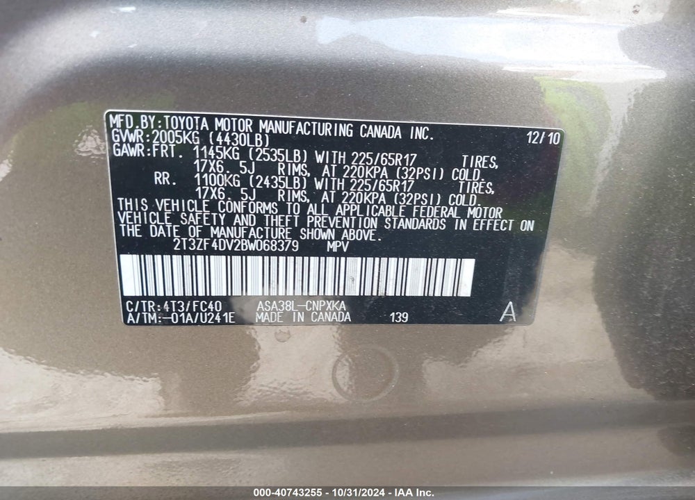 2011 TOYOTA RAV4 VIN: 2T3ZF4DV2BW068379