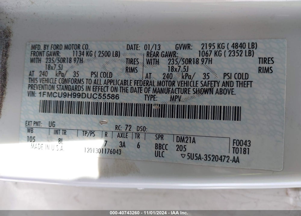 2013 FORD ESCAPE SEL VIN: 1FMCU9H99DUC55586