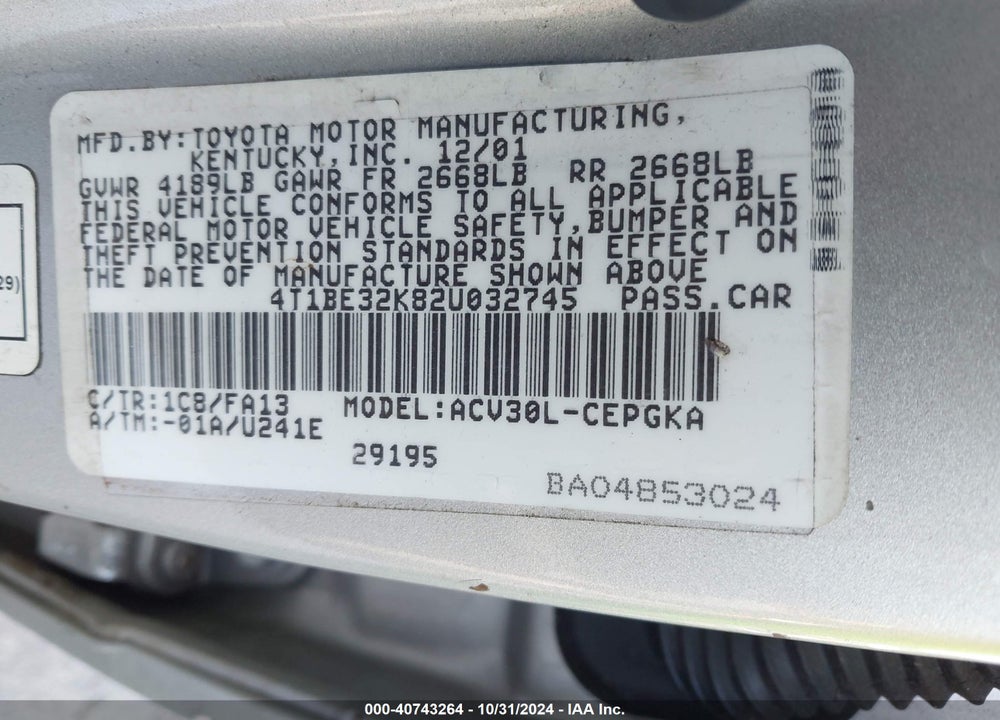 2002 TOYOTA CAMRY XLE VIN: 4T1BE32K82U032745
