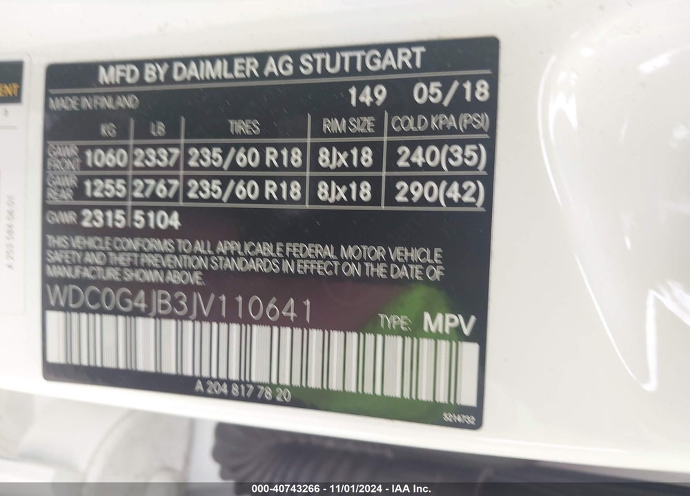 2018 MERCEDES-BENZ GLC 300 VIN: WDC0G4JB3JV110641