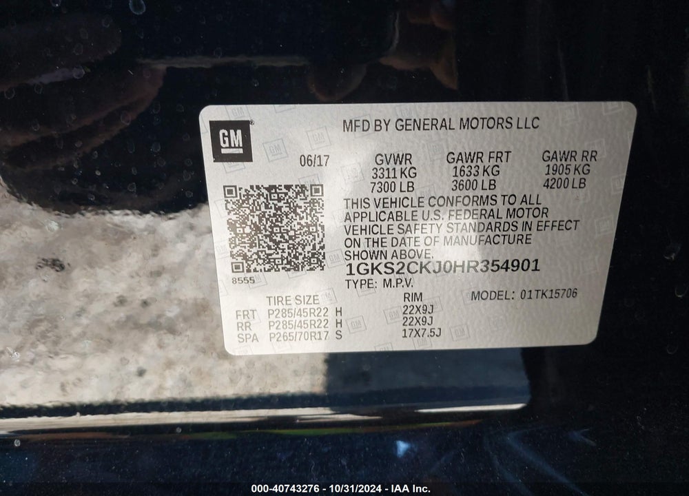 2017 GMC YUKON DENALI VIN: 1GKS2CKJ0HR354901