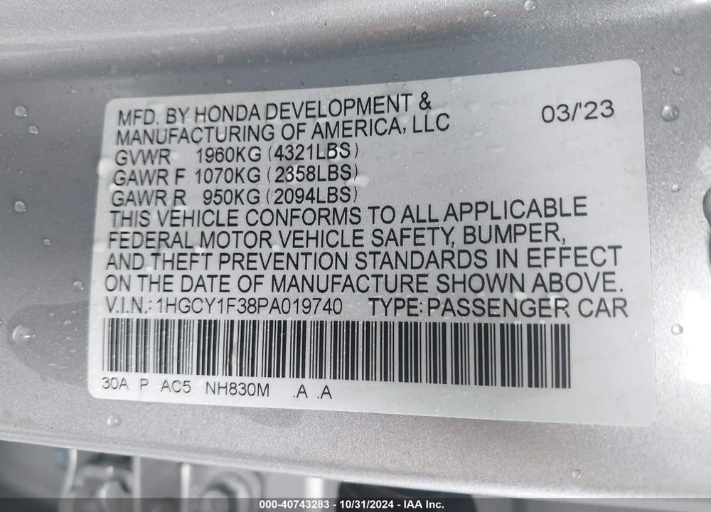 2023 HONDA ACCORD EX VIN: 1HGCY1F38PA019740