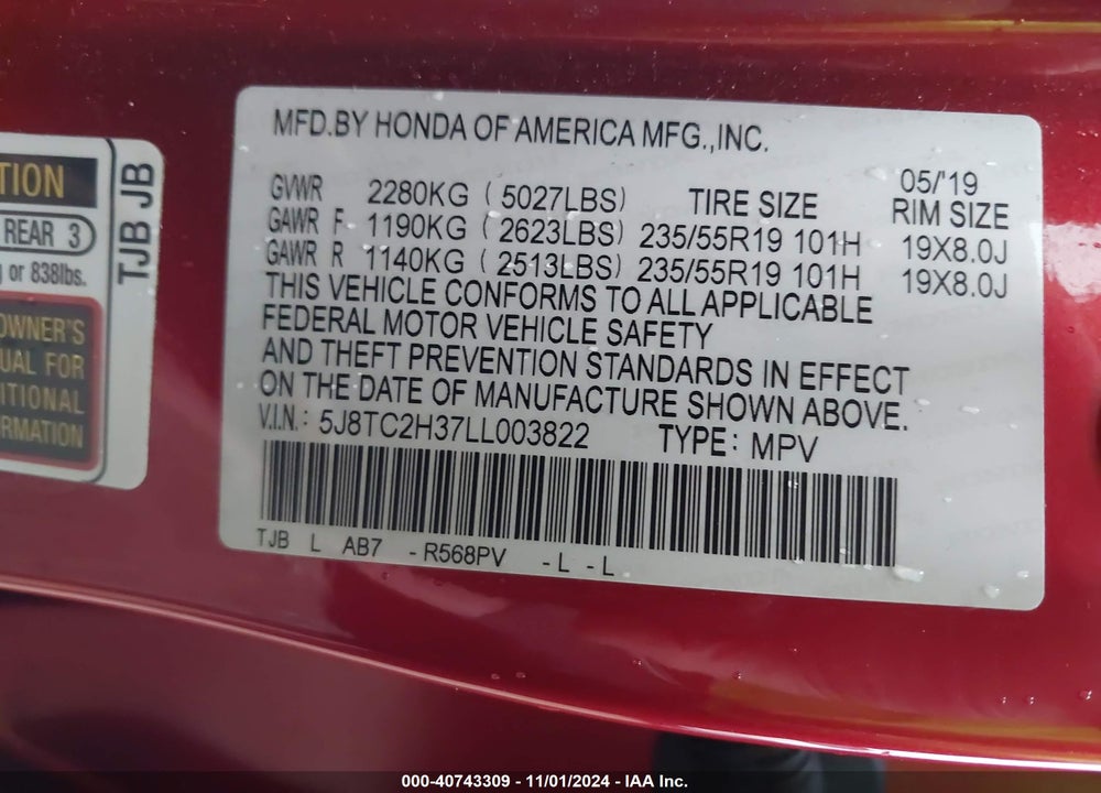 2020 ACURA RDX STANDARD VIN: 5J8TC2H37LL003822