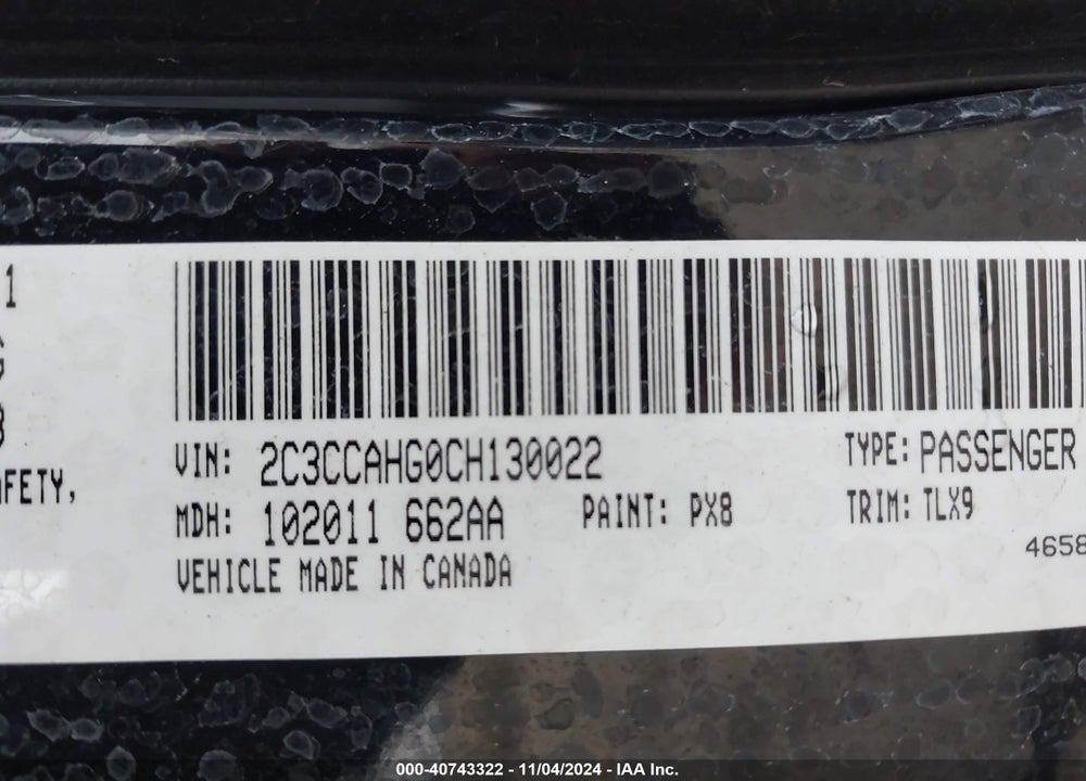 2012 CHRYSLER 300 VIN: 2C3CCAHG0CH130022