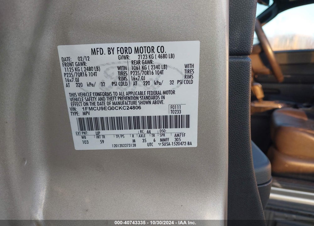 2012 FORD ESCAPE LIMITED VIN: 1FMCU9EG0CKC24806