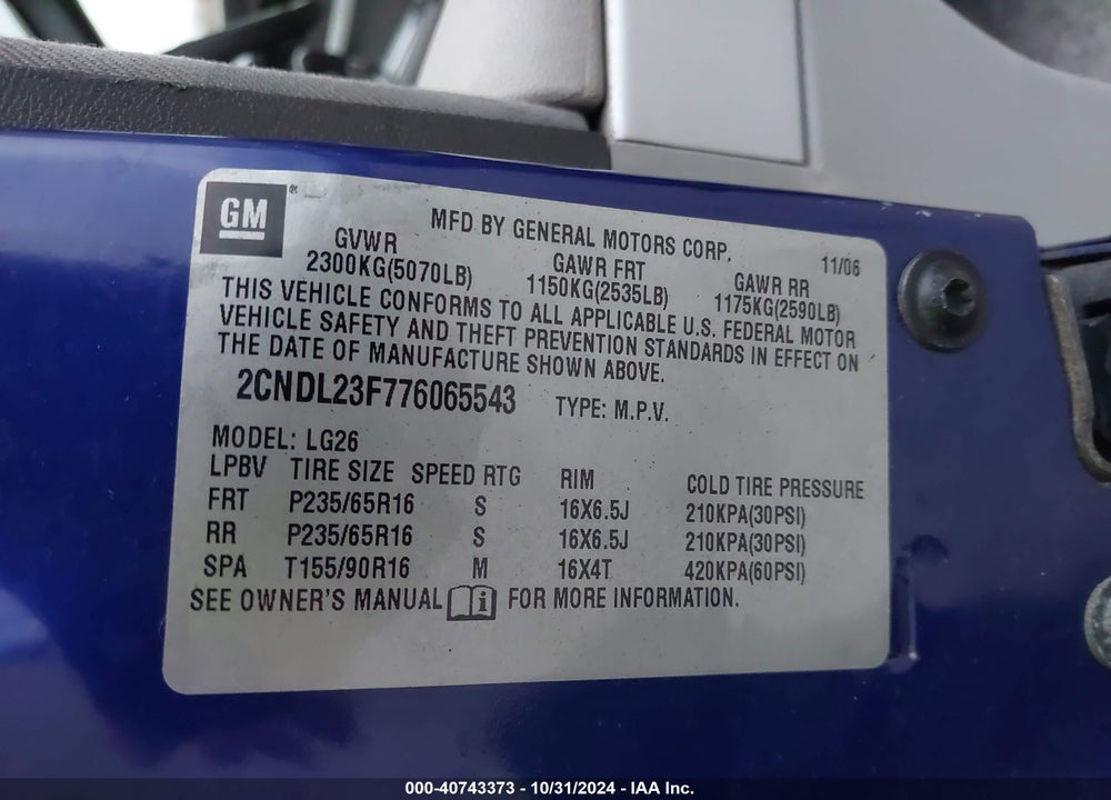 2007 CHEVROLET EQUINOX LS VIN: 2CNDL23F776065543
