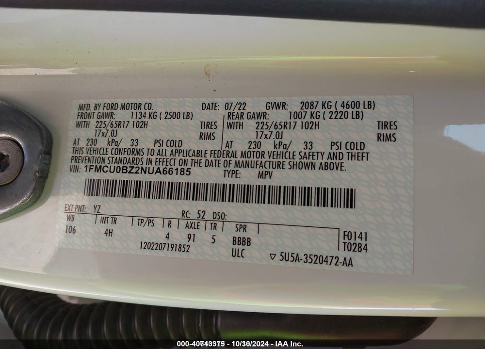 2022 FORD ESCAPE SE HYBRID VIN: 1FMCU0BZ2NUA66185
