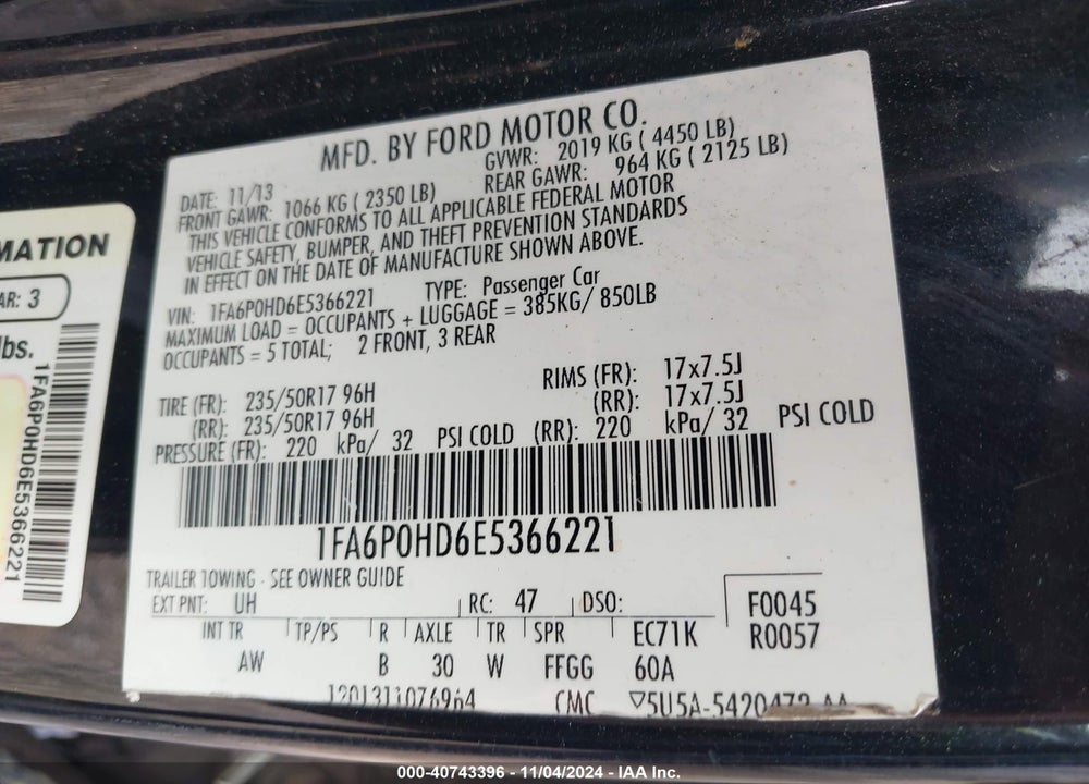 2014 FORD FUSION VIN: 1FA6P0HD6E5366221