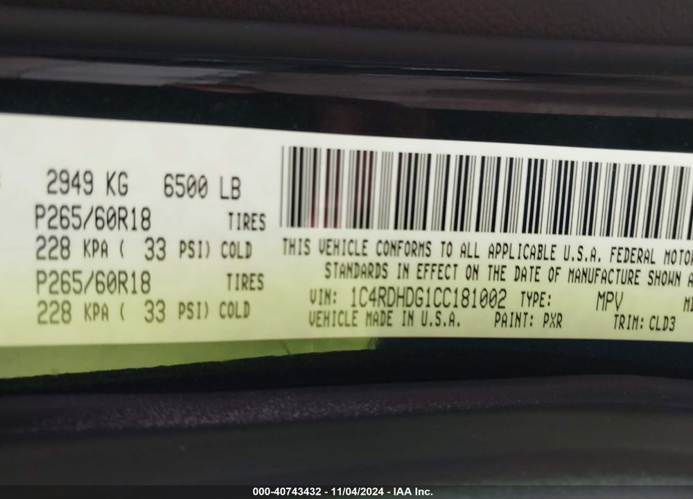 2012 DODGE DURANGO CREW VIN: 1C4RDHDG1CC181002