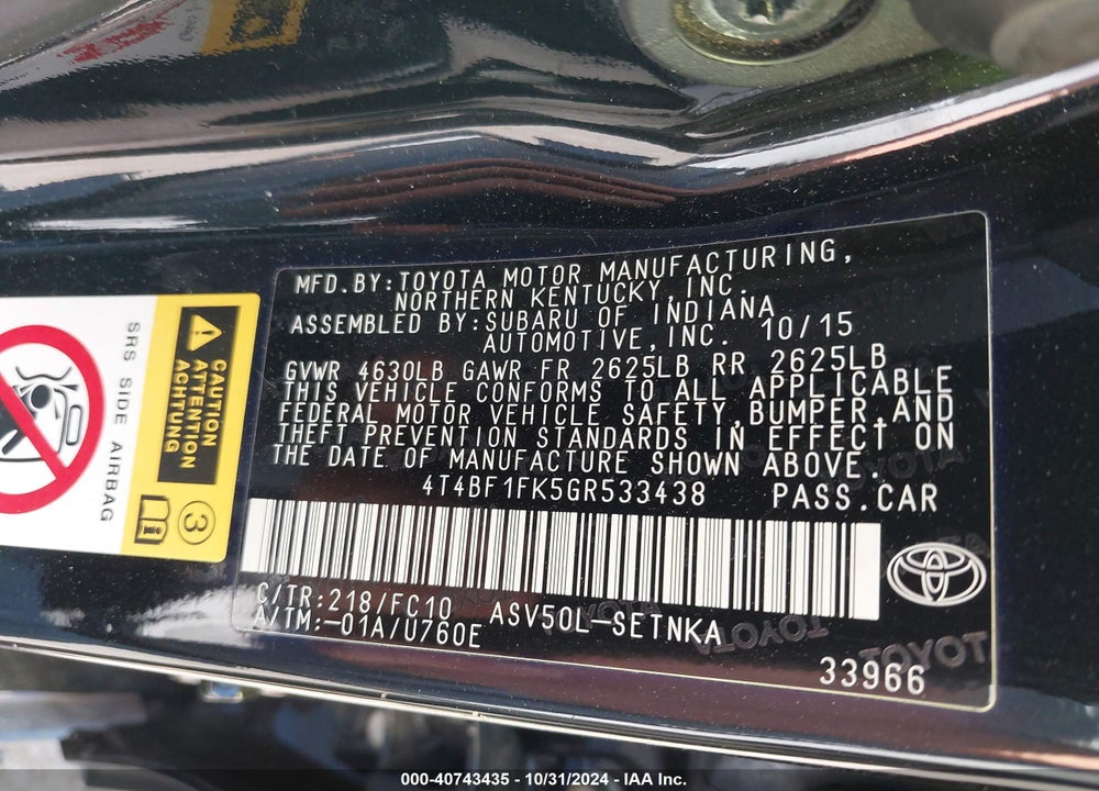 2016 TOYOTA CAMRY LE VIN: 4T4BF1FK5GR533438
