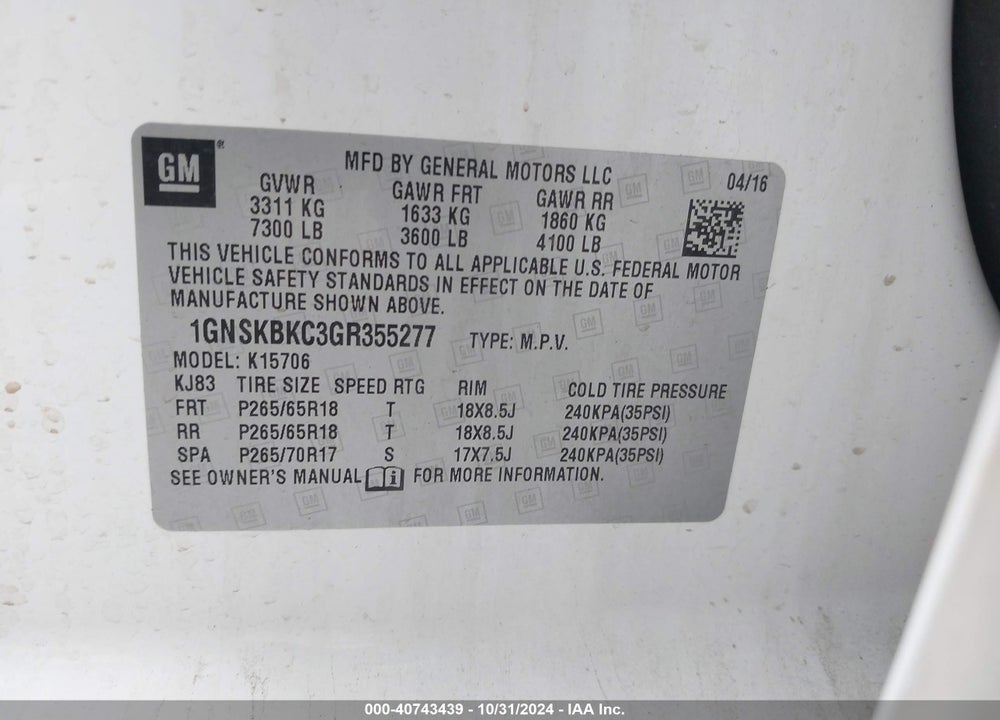 2016 CHEVROLET TAHOE LT VIN: 1GNSKBKC3GR355277