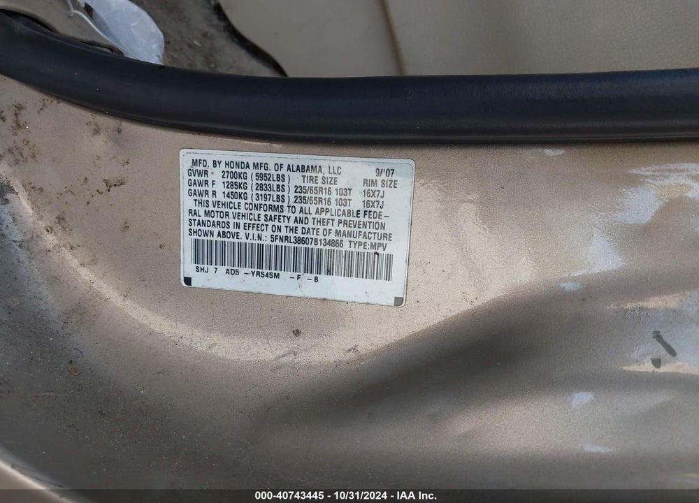 2007 HONDA ODYSSEY EX-L VIN: 5FNRL38607B134866