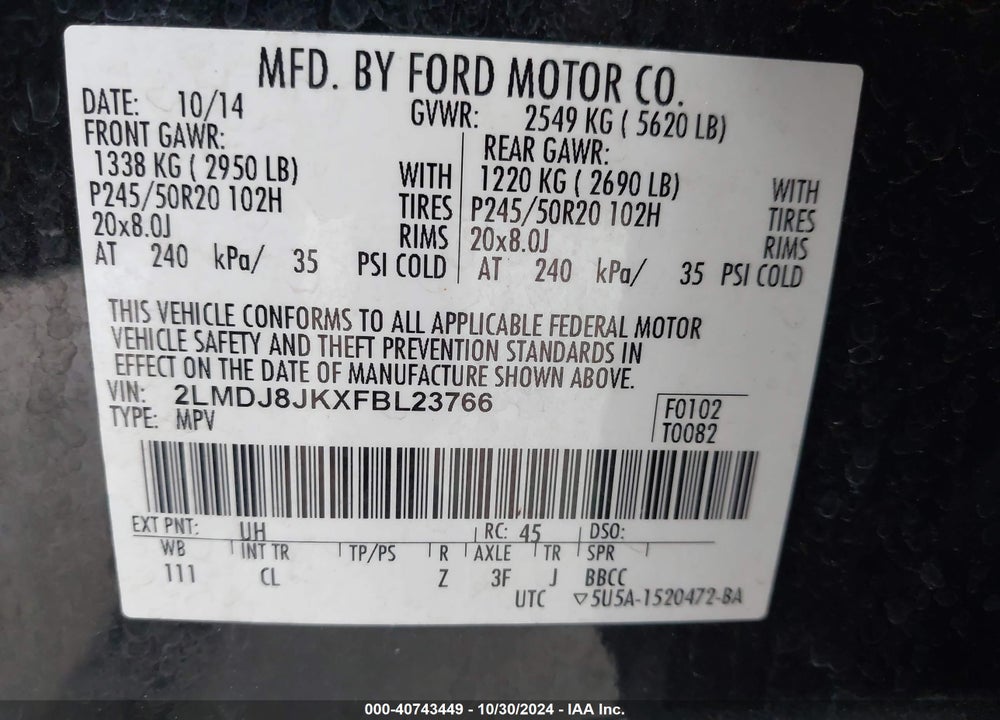 2015 LINCOLN MKX VIN: 2LMDJ8JKXFBL23766