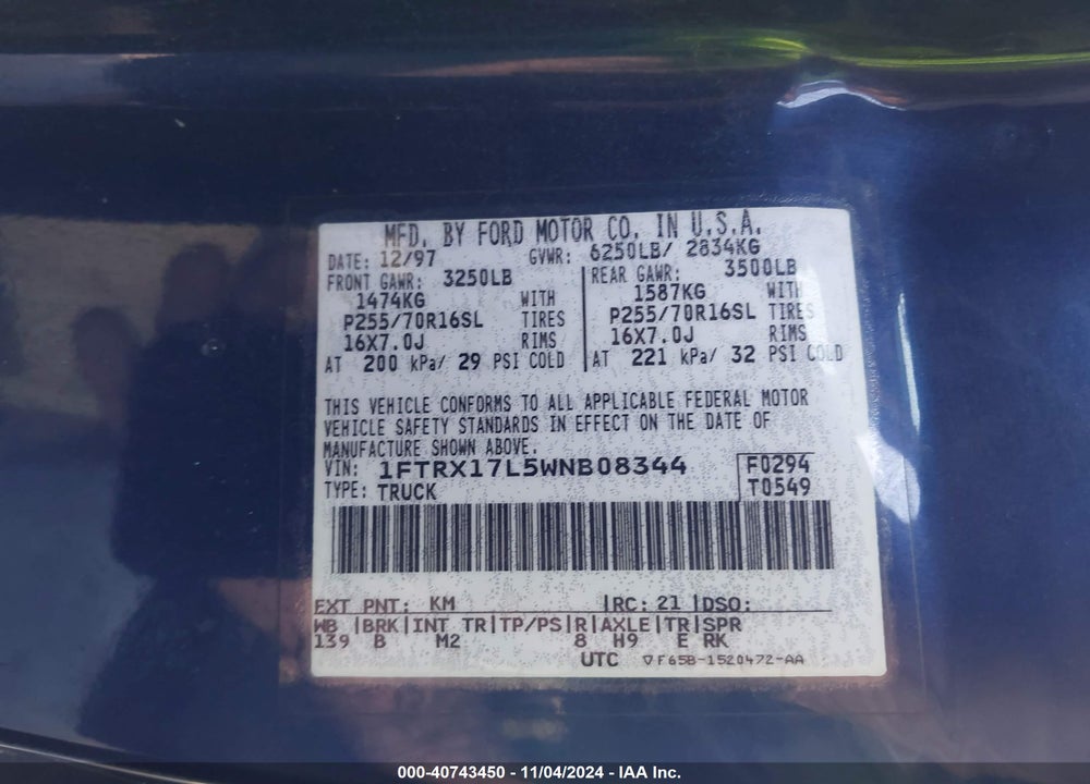 1998 FORD F-150 LARIAT/XL/XLT VIN: 1FTRX17L5WNB08344