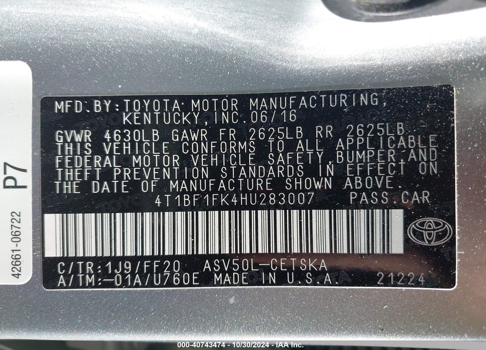 2017 TOYOTA CAMRY SE VIN: 4T1BF1FK4HU283007