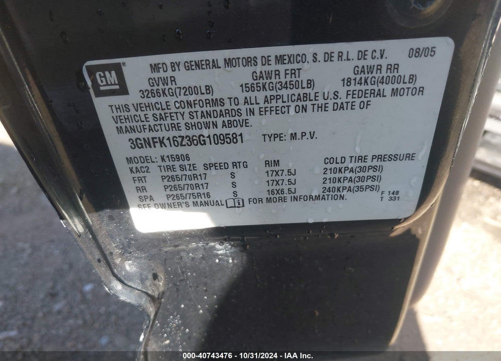 2006 CHEVROLET SUBURBAN 1500 Z71 VIN: 3GNFK16Z36G109581