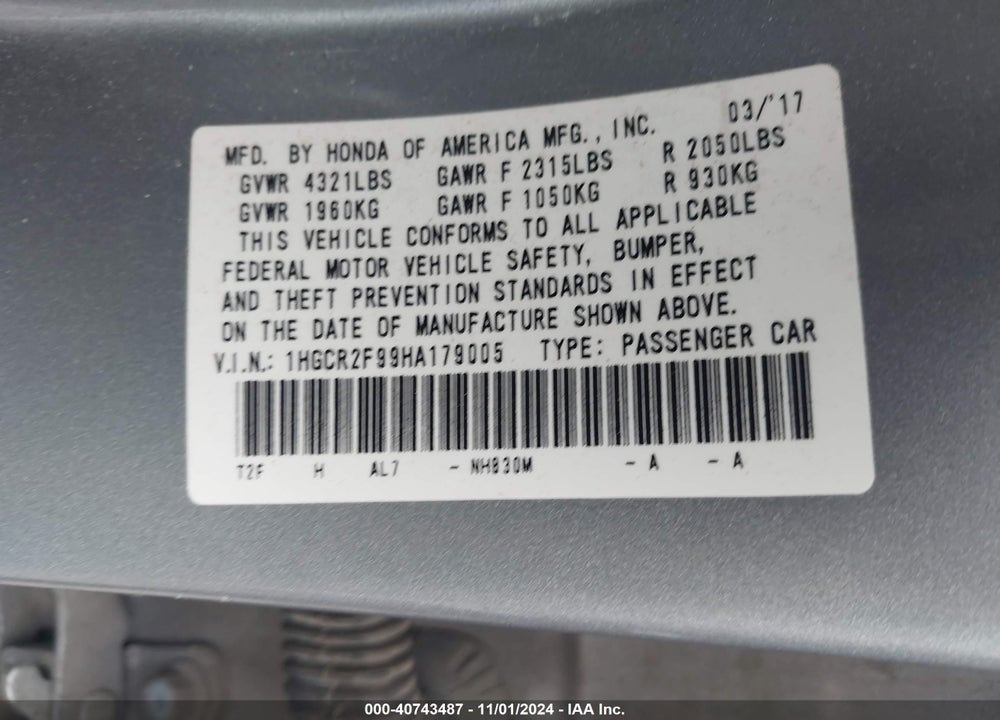 2017 HONDA ACCORD EX-L VIN: 1HGCR2F99HA179005