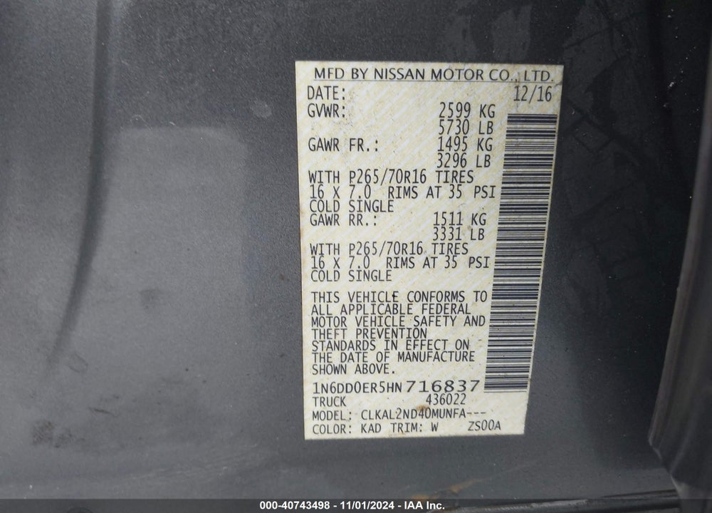 2017 NISSAN FRONTIER SV VIN: 1N6DD0ER5HN716837