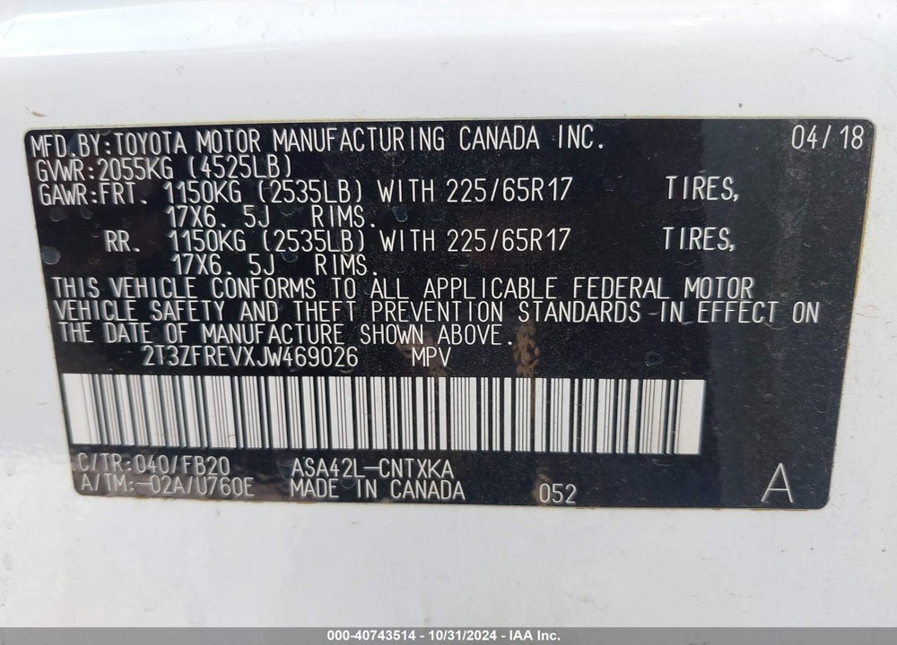 2018 TOYOTA RAV4 LE VIN: 2T3ZFREVXJW469026