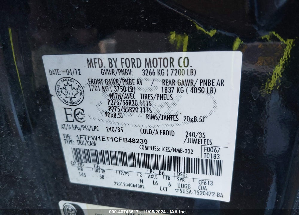 2012 FORD F-150 FX4 VIN: 1FTFW1ET1CFB48239