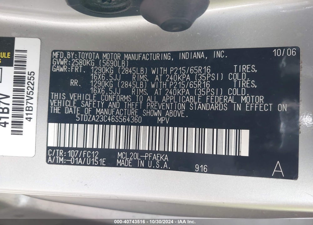 2006 TOYOTA SIENNA LE VIN: 5TDZA23C46S564360