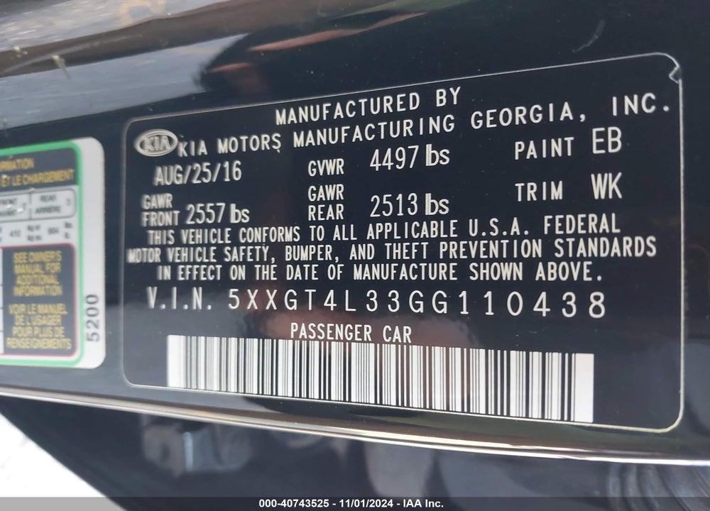 2016 KIA OPTIMA LX VIN: 5XXGT4L33GG110438