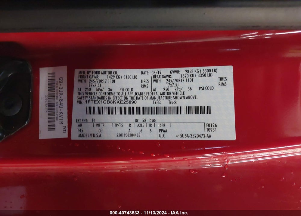 2019 FORD F-150 VIN: 1FTEX1CB8KKE25090
