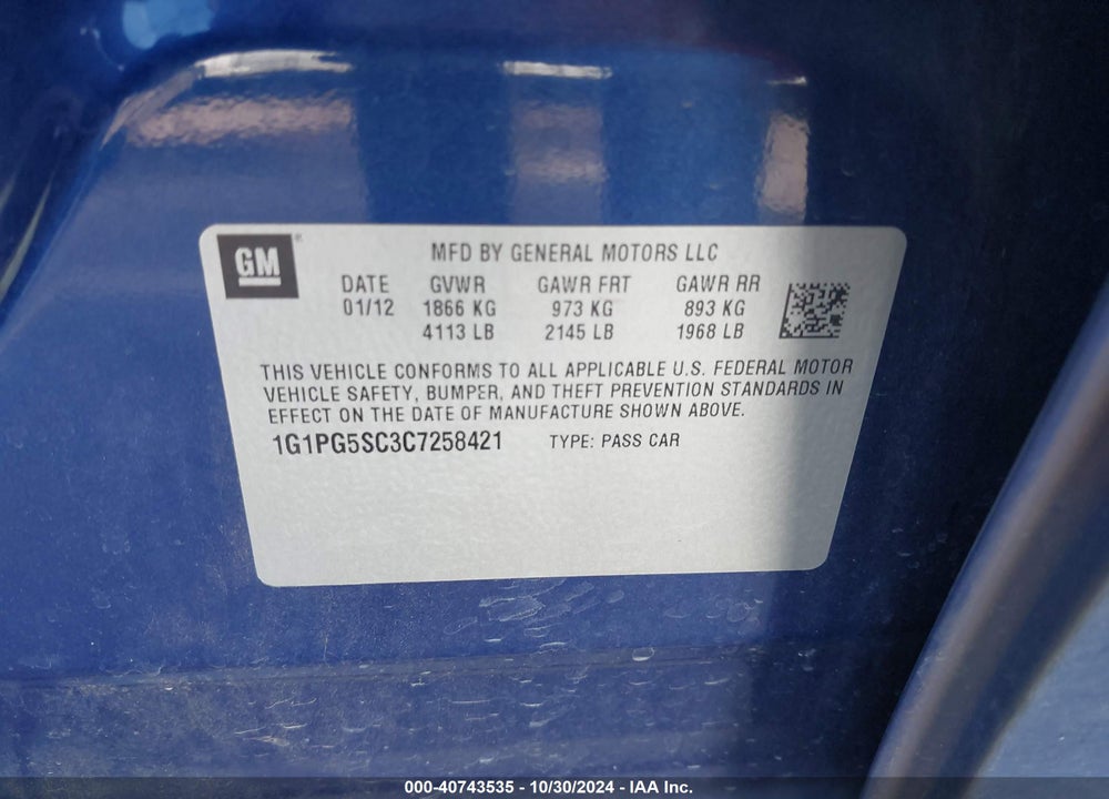 2012 CHEVROLET CRUZE 2LT VIN: 1G1PG5SC3C7258421