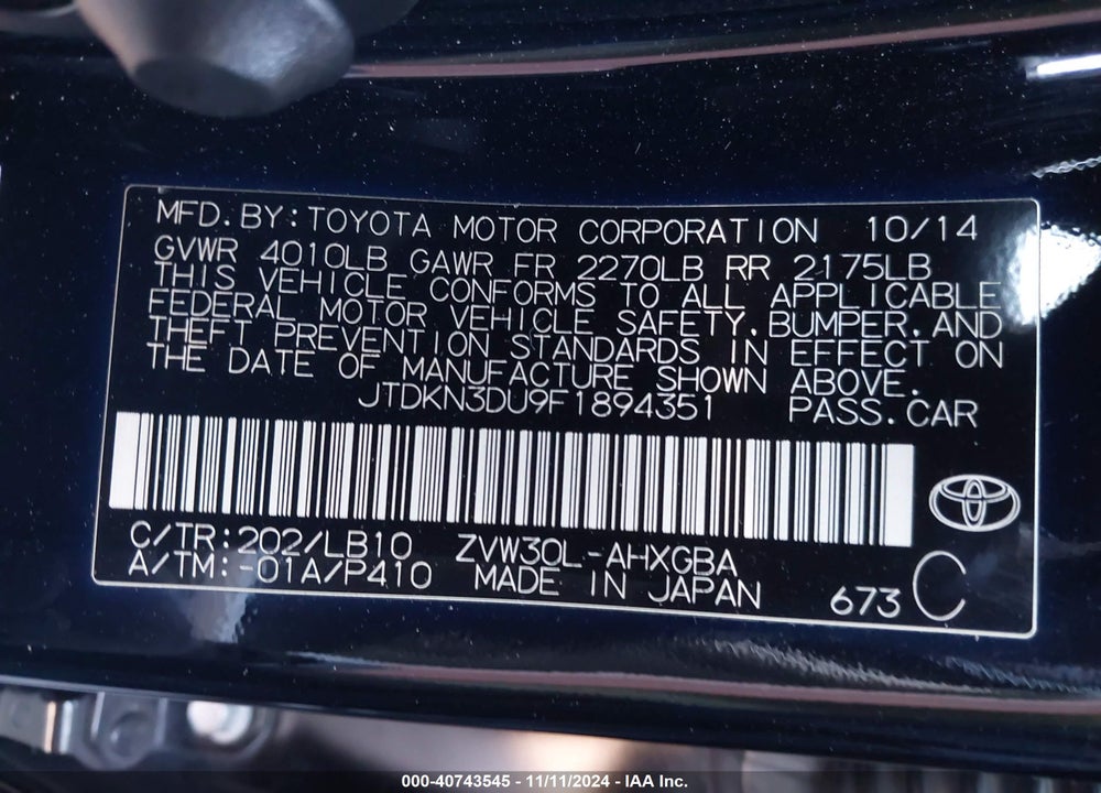 2015 TOYOTA PRIUS VIN: JTDKN3DU9F1894351