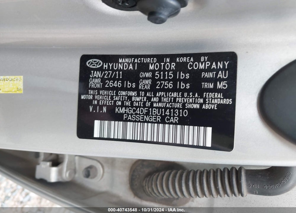 2011 HYUNDAI GENESIS VIN: KMHGC4DF1BU141310